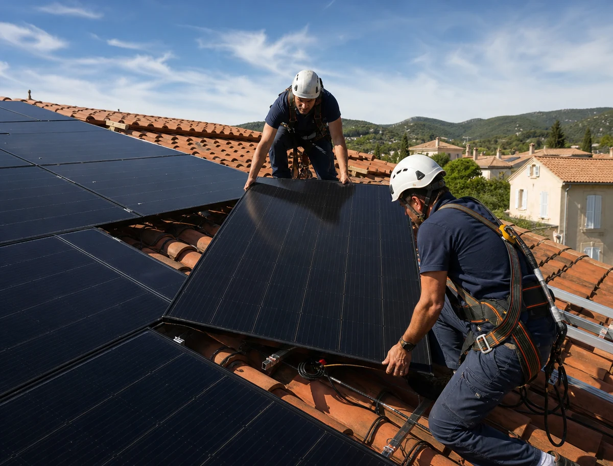 Techniciens Soluvolt sur un toit équipé de panneaux solaires